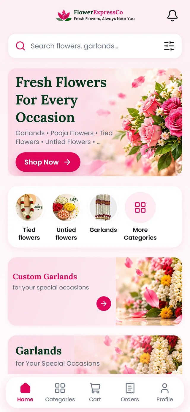 FlowerExpressCo app home screen with search and flower categories