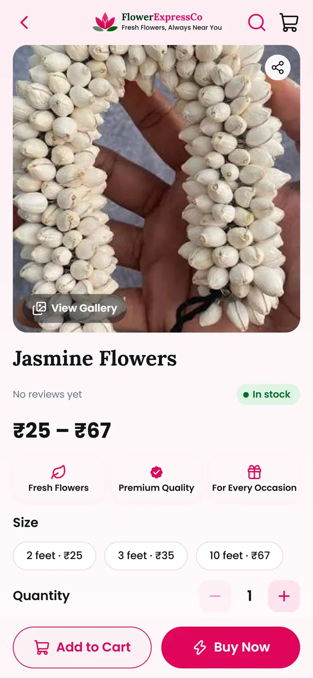 FlowerExpressCo app product page for Jasmine Flowers showing size options and prices