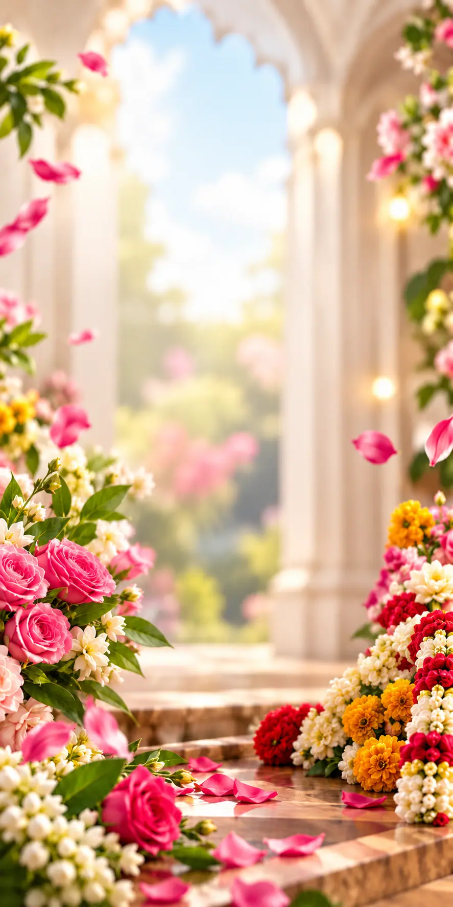 Pink roses and jasmine garlands arranged under a sunlit garden arch