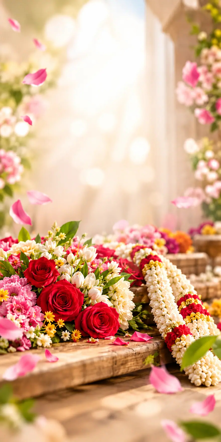 Red roses, pink blooms and jasmine garlands on a wooden table in warm light